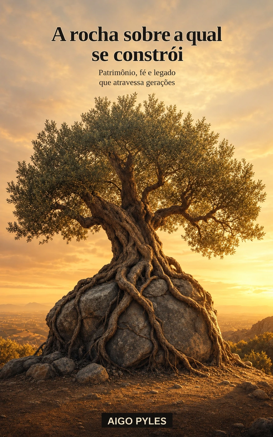 Original Portuguese front cover of A Rocha Sobre a Qual se Constrói by Aigo Pyles, showing a tree rooted on a rock at sunset.